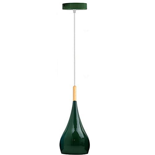 LEDSone Teardrop Shaped Green Ceiling Light Metal Shade Wood Decoration Industrial Hanging Pendant Lighting Ideal for Dining Room Bedroom Kitchen Island Living Room Bar Caffe & Restaurants