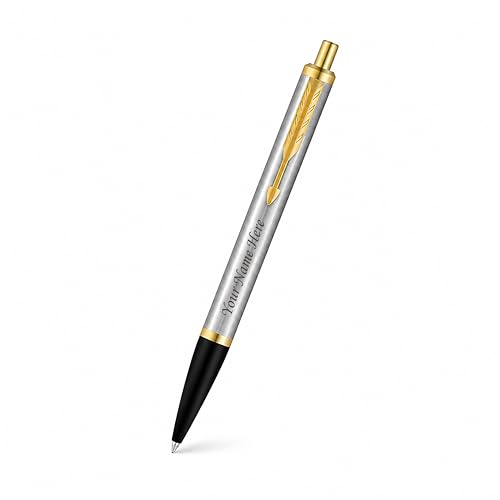 Image of SAVRI Customized Parker roller pen with name - Shiny Chrome with Gold Trim - Personalized Name Engraved Pen - Executive Pen for clients, Management, Graduation, & Corporate Gifting