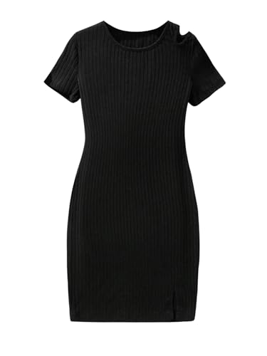 OYOANGLE Girl's Short Sleeve Cut Out Ribbed Knit Short Dress Basic Fitted Pencil Dresses