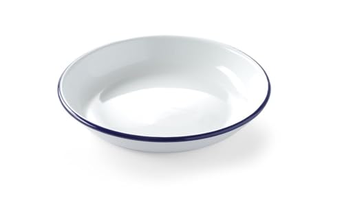 HENDI Assiette en acier émaillé blanc, avec bord bleu, récipient, plat rond, assiette creuse, ø240x(H) 40mm