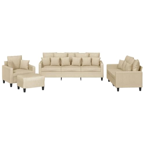 vidaXL Sofagarnitur 4-TLG., Sessel Couch mit Kissen Fußhocker, Sofa Wohnzimmersofa mit Armlehnen, Couchgarnitur Designsofa Sitzmöbel Polstermöbel, Creme Stoff