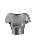 MakeMeChic Women's Metallic Crop Tops Boat Neck Ruched Short Sleeve Party T Shirt Clubwear Silver Medium