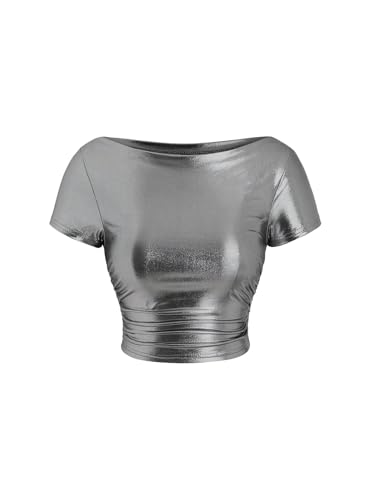 SHENHE Women's Y2k Metallic Ruched Crop Top Short Sleeve Boat Neck Fitted Party Rave Club Shirt Silver Medium