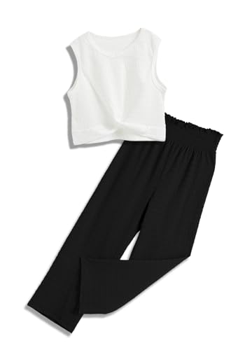 Image of Girls' Clothing Sets Sleeveless Bow Crop Top Wide Leg Linen Pants 2026 Summer Outfits Cute Kids Clothes