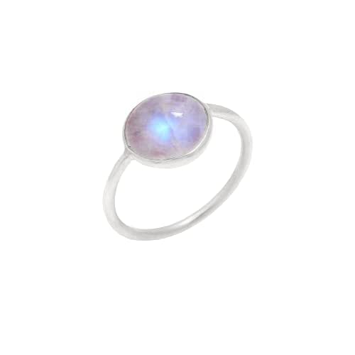 Natural Rainbow Moonstone Round Blue Fire Gemstone 925 Sterling Silver Solid Band