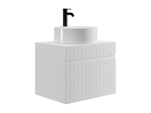 Vente-unique-Mobile per bagno sospeso scanalato con lavabo tonda da appoggio 60 cm Bianco - SATARA