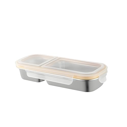 Image of Motka Premium 700 ml 2-Compartment Bento Lunch Box | Stainless Steel Slim Compact Tiffin | Leak-Proof Food Container| BPA & Odour-Free| Dishwasher Safe | Ideal for Office, Travel & School (Natural)