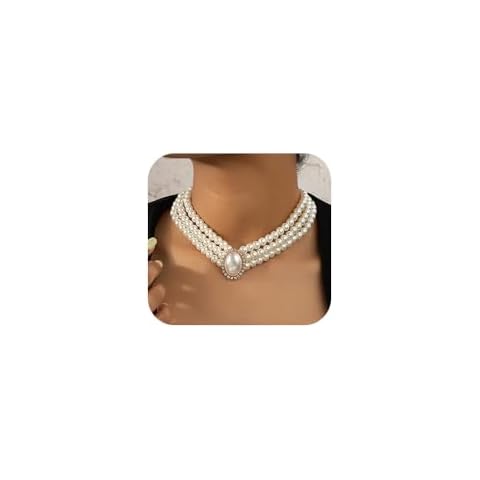 Denifery Boho 3 Tier Dainty Rhinestones Pearls Chunky Short 1920s Choker Necklace Chain Multilayer Choker Pendant Necklaces Prom Party for Women Cover