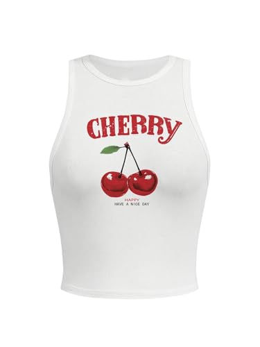 SHENHE Women's Y2k Cherry Tank Top Crew Neck Graphic Fitted Sleeveless Crop Tank Shirt