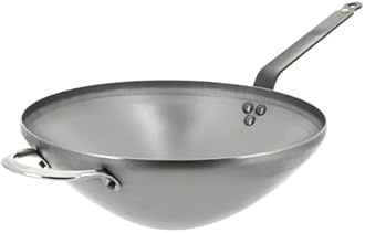 de Buyer MINERAL B Carbon Steel Wok Pan - 12.5” - Ideal for Steaming, Stir Frying & Deep Frying - Naturally Nonstick - Made in France