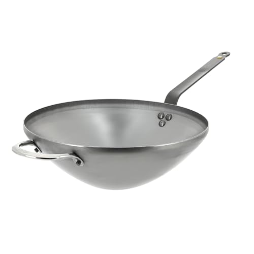 de Buyer MINERAL B Carbon Steel Wok Pan - 12.5” - Ideal for Steaming, Stir Frying & Deep Frying - Naturally Nonstick - Made in France