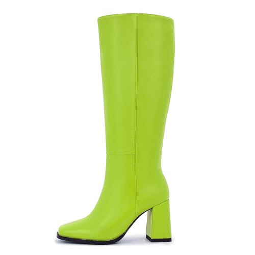 Image of Knee High Boots for Women - Wide Calf Boots with Zipper, Square Toe Tall Leather Boots, Chunky Heel Fashion Long Boots
