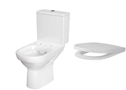 Keramik Stand- WC Toilette Komplett -Design- Set mit Spülkasten WC- Sitz aus Duroplast mit Absenkautomatik SoftClose-Funktion für waagerechten Abgang Wasseranschluss Spülrandlos City