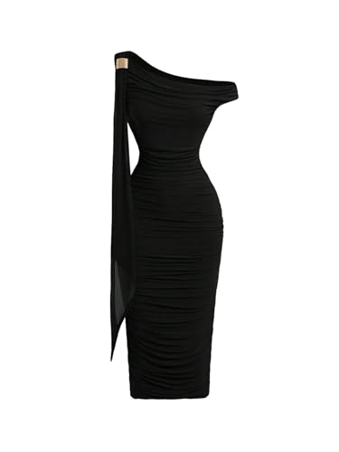 Floerns Women's Elegant Off The Shoulder Midi Dress Metal Sleeveless Ruched Slim Fit Bodycon Party Dresses Black Small