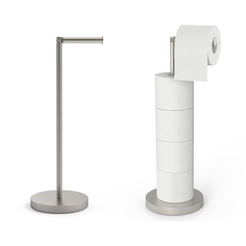LHYMJRY Free Standing Toilet Paper Rack, SUS304 180 Degree Rotatable Tissue Holder with Shelf, Brushed Nickel Bathroom Storage Toilet Roll Stand