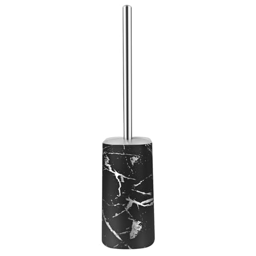 Image of Marble Colored Toilet Brush and Holder Set,Stainless Steel Long Handle and Marble Colored Base for Bathroom Deep Cleaning，Space Saving for Storage，Drip-Proof，Black