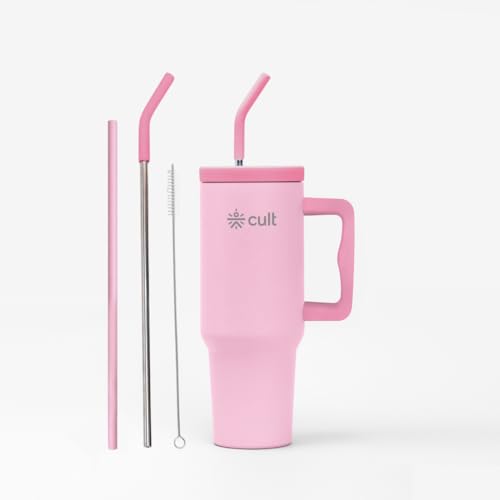 Image of CULT 1200ml Stainless Steel Insulated Tumbler with Handle, Straw & Cleaner Double Wall Vacuum Bottle for Hot & Cold Drinks Leakproof Travel Mug Reusable for Gym, Office & Travel Pink
