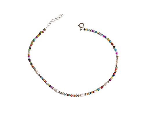 925 Sterling Silver Anklet For Women With Glass Multi Color Beads & Silver Balls & Oval Fresh Water Pearls, Length 9-10 Inches - Adjustable Dainty Beaded Ankel Bracelet | Handmade By Miya Jewelry #TOP5
