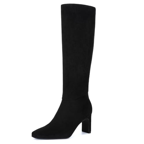 Athlefit Tall Black Boots for Women Knee High Square Toe Chunky Heel Suede Boots Winter Fashion Dress Booties Size 8