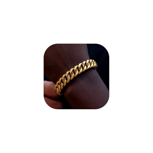 ChainsHouse Cuban Link Bracelet for Men, Stainless Steel/Black/Gold Plated Mens Chain Bracelet 6MM/10MM/14MM Width Cuban Wrist Bracelets 7.5"/8.3" Length, Send Gift Box C-14MM-Gold 8.3 Inche