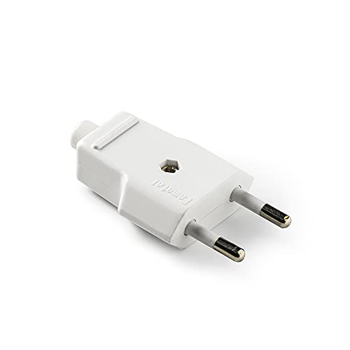 FAMATEL – Clavija sin TT | Latón niquelado | TT | Ø4 mm | 10A | 250V | Fácil instalación | Protección infantil | Blanco