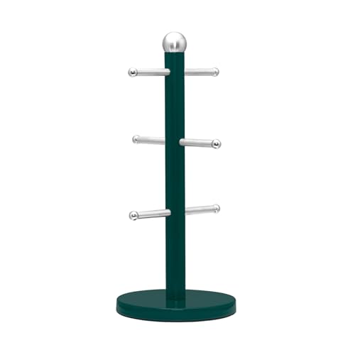 Innoteck Essentials Mug Tree - Stainless Steel Green Colour Coated Cup Stand - With Six Hooks - Display Stand for Kitchen - Mug Hanging Rack with Anti-Slip and Weighted Base - Storage Unit