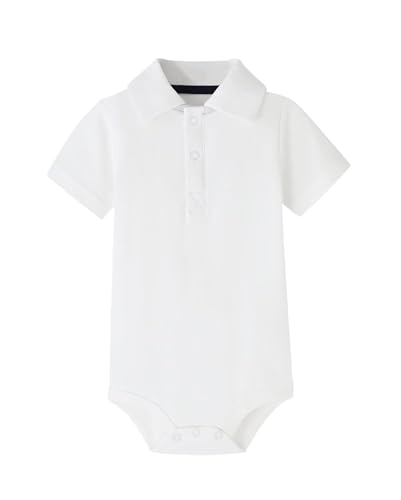 Image of Teach Leanbh Baby Boys Pure Color Cotton Short Long Sleeve Polo Bodysuit 3-24 Months (White, 9 Months)