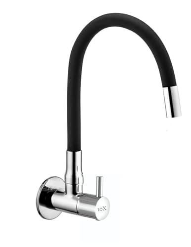 Image of 10X Sink Tap for Kitchen BL-9876 Flexible Neck Black Color Wall Mount, Chrome Finish (Single Flow)