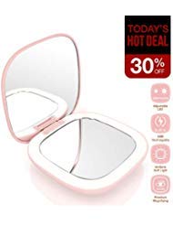 Lighted Makeup Mirror, multifun Rechargeable LED Vanity Mirror, Magnifying Cosmetic Mirror with Adjustable LED Brightness and Angles (Pink)