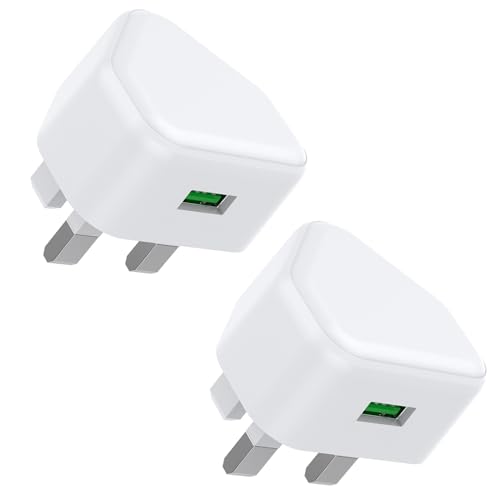 USB Plug UK USB Charger Plug Adaptor UK 2Pack Phone Plugs with USB Port Compact 3 Pin Single Way Mains Charge Head 5W 5V 1AMP Socket Charging for iPhone 13 12 11 SE XS XR X 8 7 6 5 iPad Watch Airpods