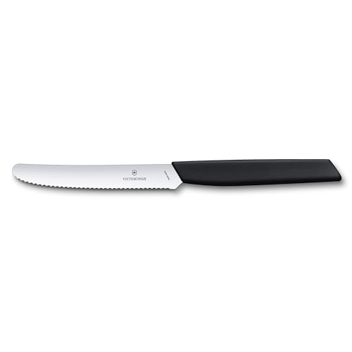VICTORINOX 6.9003.11W Tomato and Table Knife, Sharp Small Knife, 4.3 inches (11 cm), Serrated Blade, Ergonomic, Elegant Design, Dishwasher Safe, Swiss Modern, Paring Knife, Fruit Knife, Black