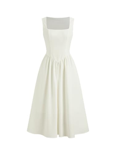 CIDER Women Square Neck Ruffle Linen Blend A Line Dress Daily Casual Vacation Dresses