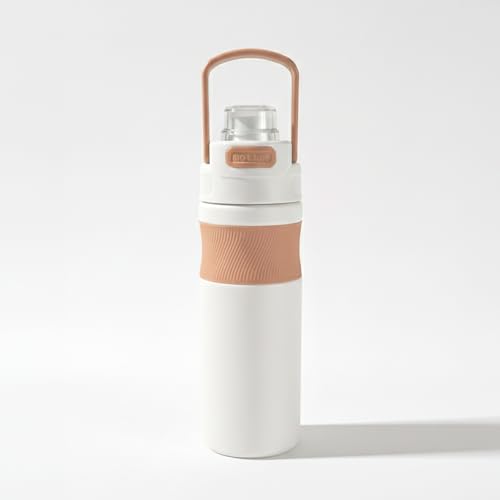 Image of 600ml Insulated Water Bottle with Straw - Premium SUS 316 Stainless Steel Sport Flask - Insulated Hot & Cold, Leak-Proof One-Click Flip Top - Gym & Travel Bottle (Ivory Mocha)