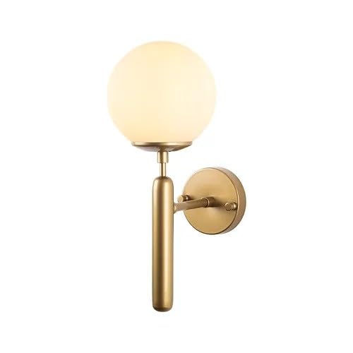 Modern Antique Brass Globe Glass Wall Sconce Lighting Fixture, Mid Century Golden Metal Wall Bedside Lamp for Living Room, Bathroom, Bedroom, and Hallway - Luxury Hotel Decorative White Glass Ball Wal