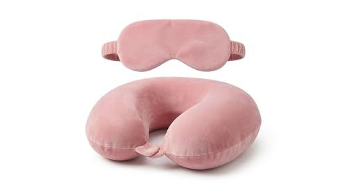 Image of Pink Travel Neck Pillow with Button Closure & Eye Mask Set | Soft Fiber Filled U-Shape Head & Neck Support Cushion for Airplane, Car & Office Use | Button Closure (Pink)