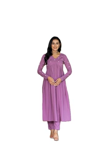 Image of Women's Dhanna Fashion Long Cut Salwar Suit with White Polka Dots,Full Sleeves, V-Neck,, Rayon