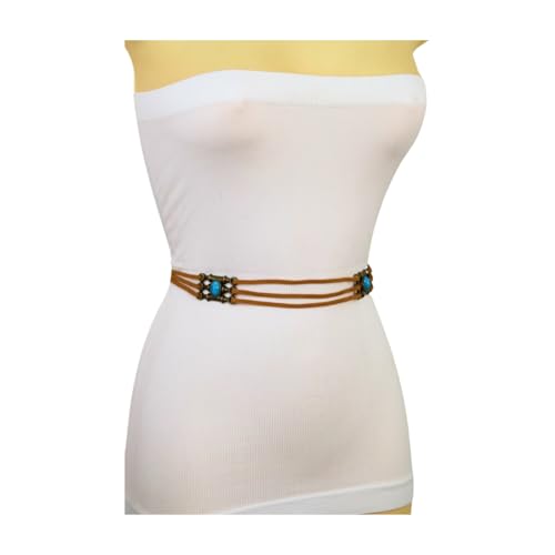 Women Ethnic Fashion Wrap Around Tie Belt Gold Charm Turquoise Blue Beads M L Brown z1962