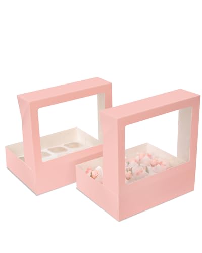 Image of Bakepacker Auto-pop Up Cupcake Boxes with Window Pink 40PCS 12 Count Cupcake Box 13 inchx10 inchx3.5 inch Cupcakes Carrier, 12 Cupcake Containers with 2 rolls of pink ribbons