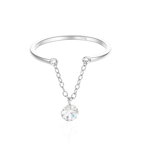 IMINI Bague en argent sterling avec breloque ronde en oxyde de zirconium pour femme et fille avec chaîne en cristal et diamant - Bague de promesse réglable pour anniversaire, Argent sterling, Zircone