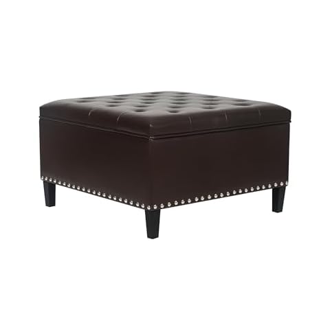 Homebeez Faux Leather Storage Ottoman Bench, Square Coffee Table Footstool Footrest with Wood Legs for Living Room (Brown) Cover
