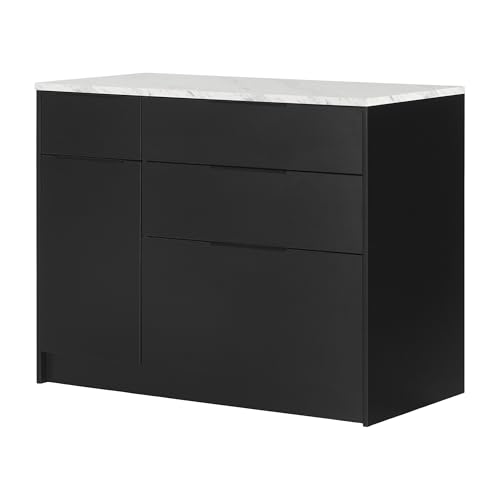 South Shore Olio Kitchen Island Matte Black and Faux White Marble, Contemporary