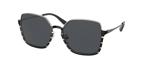 Tory Burch TY6076 長方形サングラス レディース + デザイナーiWear無料アイウェアキット付き, シャイニーゴールド/ブラックメタルストライプ/グレーソリッド。, 56