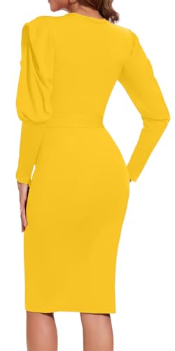Image of Funeral Church Dresses for Women Formal Long Sleeve Wrap Business Work Dress Vintage Ruched Midi Pencil Dress