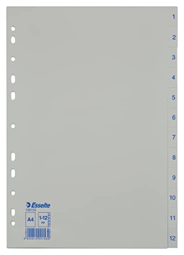 Leitz Esselte Register für A4 12 Trennblätter Taben mit Zahlenaufdruck 1-12 Blau/weiß Robuster Kunststoff 100153