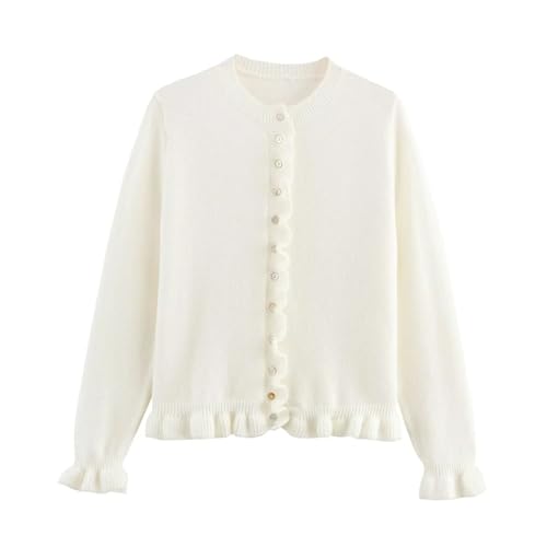 Image of FindThy Women's Cropped Cardigan Sweater Trendy Crewneck Ruffle Long Sleeve Button Down Knitwear Tops