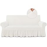 NICEEC Sofa Cover Super Soft 1-Piece White Sofa Slipcover for Sofas Stretch Universal Spandex Couch Covers for Living Room Easy Fit Washable Furniture Sofa Protector with Skirt