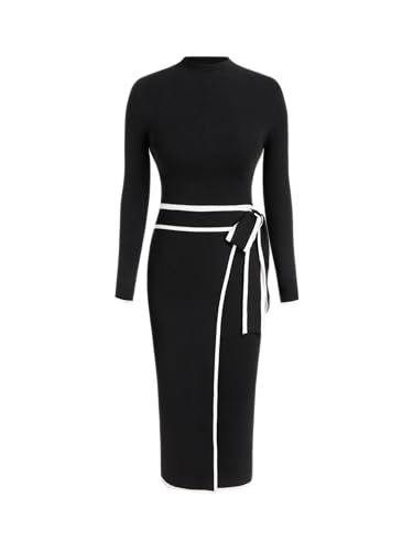 CIDER Sweater Dresses for Women Black Long Sleeve Dress Mock Turtle Neck Belted Bow Tie Knit Midi Dress for Fall Winter