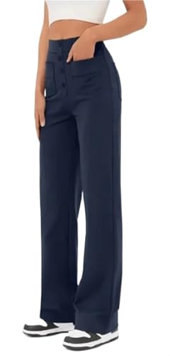ZAbina Women's Casual High Waist Stretch Pants Wide Flexi Pants Multiple Pockets Straight Leg Pants(Dark Blue,M)