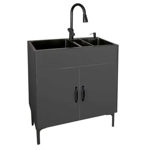 ZBJDX All-in-One Utility Sink, Nano-Coated Stainless Steel Sink with Retractable Basket & Wood Storage Cabinet, Freestanding Sink Station for Garage Kitchen,Black,32in