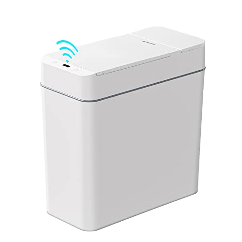 Funest Bathroom Trash Cans With Lids, Touchless 3.8 Gallon Waterproof Motion Sensor Bedroom Garbage Bin, Slim Plastic Narrow Small Dogproof Wastebasket For Rv, White #TOP30